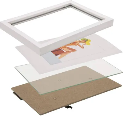 An exploded view of a picture frame with its components laid out.