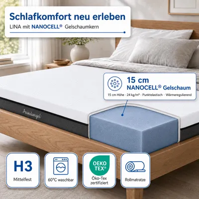 Produktbild von ARENSBERGER SARA  Gelschaum Matratze 180x200 cm – 16 cm NANOCELL® Gel-Schaum – H3 Härtegrad – Atmungsaktiv – Abnehmbarer Bezug 240g/m² – Waschbar bis 60°C