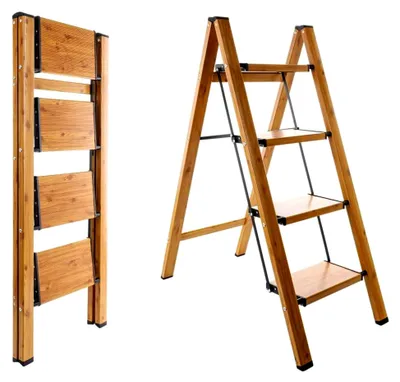 Produktbild von 4-stufige Klappleiter aus Aluminium mit breitem Anti-Rutsch-Pedal, Tragfähigkeit 150 kg, Holzmaserung und Schwarz