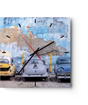 Produktbild von Wanduhr - Quadrat - Glasuhr - Havanna Oldtimer Autos - 40x40cm - Schleichendes Uhrwerk - Lautlos - zum Aufhängen bereit - Dekoration Modern - Wanddekoration aus Glas - C3AC40x40-4376