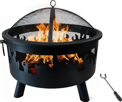 Immagine prodotto di Braciere Relaxdays, Ø 64 cm, parascintille, attizzatoio, acciaio, design a fiamme, braciere da giardino, nero