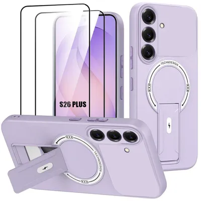 Image de Coque + 2 Verres Trempés pour Samsung Galaxy S26 Plus, avec Support et Cercle Magnétique - Violet