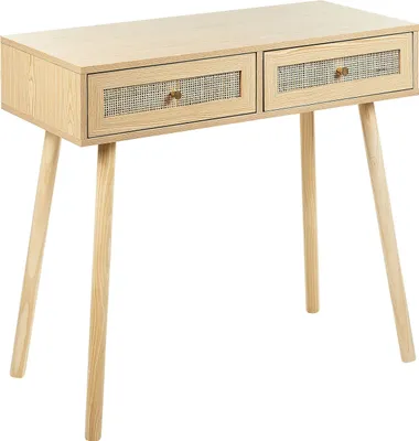 Produktbild von BELIANI Konsolentisch helles Holz Holzbeine 88 x 40 x 79 cm 2 Rattan Schubladen Flurmöbel Boho Design
