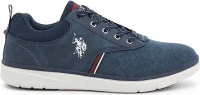 A side view of a blue sneaker with white laces and a white sole.