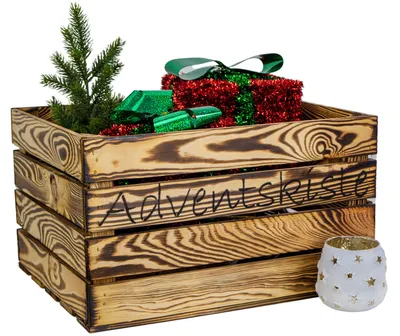 Produktbild von Massive Adventskiste aus Holz, geflammt, gehobelt, mit Weihnachtslogo, 50x40x29cm