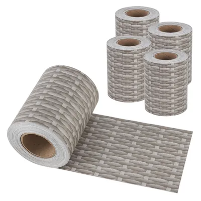 Several rolls of privacy screen film with a rattan pattern are displayed against a white background. One roll is partially unrolled, showing the film's texture and pattern.