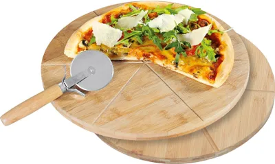 Image de KESPER Assiette à pizza, set de 2 avec coupeur, Ø 32 cm, Bambou FSC®, encoches pour morceaux réguliers, Pizza, 58465