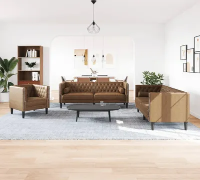Immagine prodotto di Divani Chesterfield 3pz Cuscini Marrone Pelle finta Scamosciata