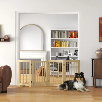 Produktbild von Hundegitter freistehend faltbar mit Tür, Absperrgitter 4 Paneele Kiefernholz Massivholz, Naturholz | 204 x 75 cm | 8 kg | Stützfüße & Schloss