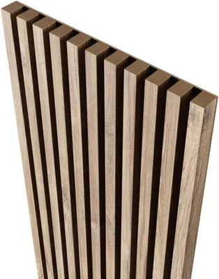 A close-up, angled view of a wooden slat wall panel.