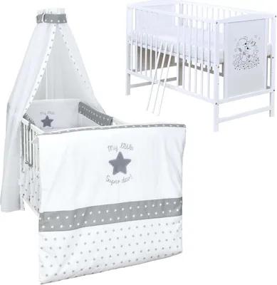 Produktbild von Baby-Delux Babybett Gitterbett Mia weiß 120×60 inkl. Matratze Bettwäsche Set 10tlg Super Star