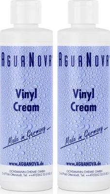 Two bottles of AguaNova Vinyl Cream on a light blue background with water droplet pattern.