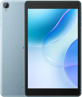 A light blue tablet is shown from the front and side.