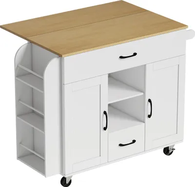 Produktbild von Rollbare Kücheninsel, ausklappbare Arbeitsfläche, Soft-Close-Schranktüren, Schubladen, Handtuchhalter, MDF, Weiß