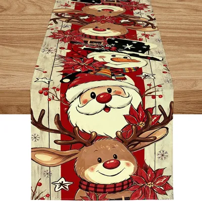 Obrázek produktu pro Vánoční ubrus, moderní design s motivem soba, sněhuláka a Santa Clause, rozměry 40 x 240 cm, vhodný pro