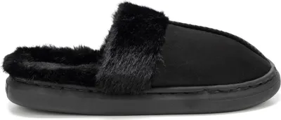 A side view of a black slipper with faux fur lining.
