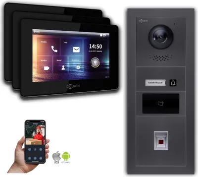 Produktbild von Türsprechanlage mit Kamera Goliath IP 2-Draht 3-Monitor Fingerprint RFID Anthrazit : Aufputzdose : 7 Zoll in Schwarz Türklingel Montagedose: Aufputzdose Monitor Auswahl: 7 Zoll in Schwarz
