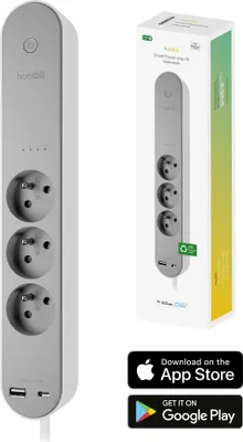 Productafbeelding van Hombli Slimme stekkerdoos - 3-voudig - Frans stopcontact (type E) - 1x USB, 1x USB-C met schakelaar - App met energiebewaking/verbruikteller - Overspanningsbeveiliging - 1