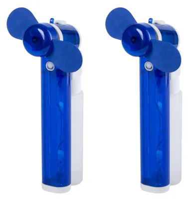 Two blue handheld spray fans are shown against a white background.