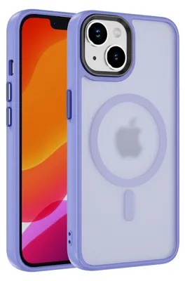 A close-up shot of an iPhone 14 case with a clear back and purple bumper, showing the MagSafe ring and Apple logo.