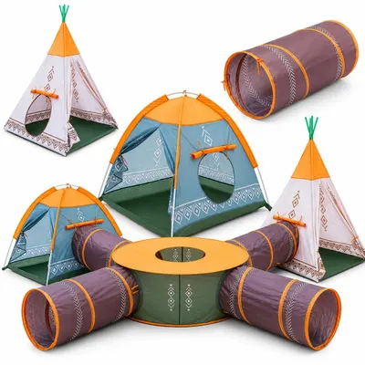 Zdjęcie produktu dla Zestaw namiotów dla dzieci COIL, 7 elementów, z tunelem – tipi, igloo i domek do zabawy – zestaw namiotów do zabawy na zewnątrz i w pomieszczeniach dla dzieci od 3 lat – domek do zabawy typu pop-up