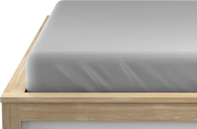 A close-up view of a light gray fitted sheet on a wooden bed frame.