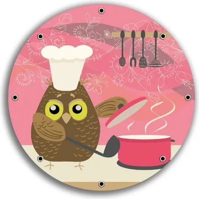 Produktbild von Wallario rundes Outdoor-Poster für Garten oder Balkon, Motiv Lustige Eule beim Kochen mit Kochmütze, 30 cm Durchmesser