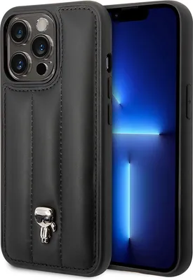 A black iPhone case with a quilted pattern and a small silver figurine is shown next to an iPhone.