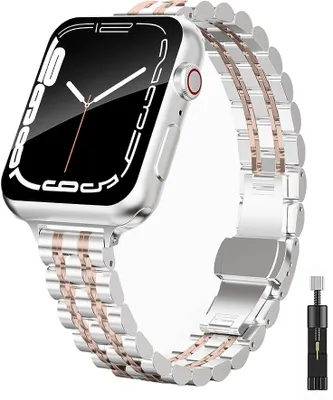 Produktbild von FFO2World s dünnes Edelstahlarmband - Silber/Roségold - Kompatibel mit Apple Watch 42mm (Serie 10)/41mm/40mm/38mm - Damen Kettenarmband