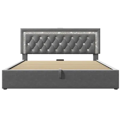 Produktbild von Flieks Polsterbett 160x200cm mit USB & Type C, Hydraulisches Bett mit Stauraum, Doppelbett Jugendbett mit LED, Stauraumbett Samt, Grau