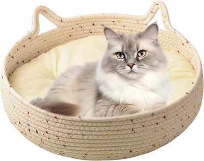 Produktbild von Rundes Katzenbett aus Baumwollseil mit Kissen und Kratzbereich, Katzennest zur Beruhigung