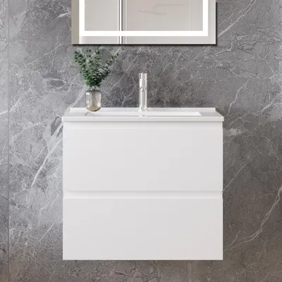 Produktbild von 60 cm Badmöbel-Set Unterschrank mit dünn Keramik waschtisch 2 Schubladen soft-close Weiß Matt Selbstmontierter
