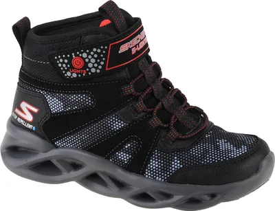 A single black high-top sneaker for boys with red accents and a gray sole.