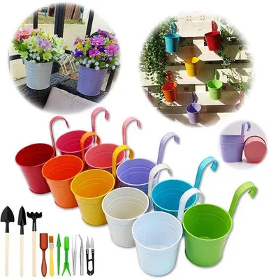 Immagine prodotto di Vasi da balcone in metallo, set da 10, colorati, senza fondo di drenaggio, con manico
