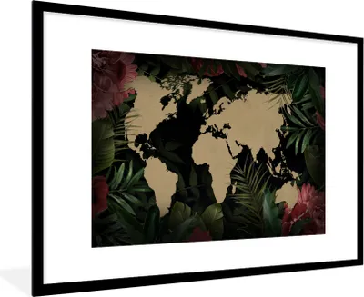 Produktbild von MuchoWow® MuchoWow® Gerahmtes Poster Weltkarte - Blumen - Tropische Pflanzen 90x60 cm - Poster mit zchwarzem Bilderrahmen - Wanddekoration - Fotos