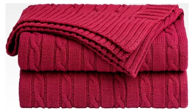 Produktbild von Baumwollüberwurfdecke mit Zopfmuster, weicher Überwurf, Couchüberzüge, Dekorationen, gestrickte Decken für Sofa und Bett, Rot, 178 x 198 cm