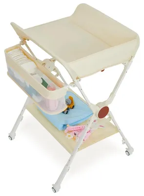 Image de Table à langer pliante et mobile - Table à langer sur roulettes - Réglable en hauteur - Espace de rangement et tringle à vêtements - Structure métallique - Pour nouveau-nés - Beige