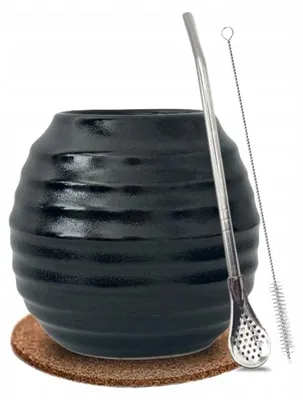 Immagine prodotto di Set composto da: Tazza nera per yerba mate + bombilla (cannuccia) in acciaio inossidabile da 21 cm + omaggio!