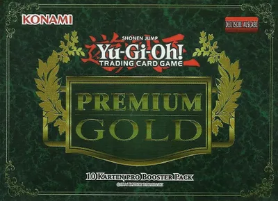 The image shows the front packaging of a Yu-Gi-Oh! Trading Card Game product called 'Premium Gold'.