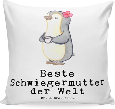 Produktbild von Mr. & Mrs. Panda Dekokissen Pinguin Beste Schwiegermutter der Welt - Weiß - Geschenk, Kissen 40x40, Mutter, kuschelkissen, Geschenkidee, Schwiegereltern, Polster, Sofa