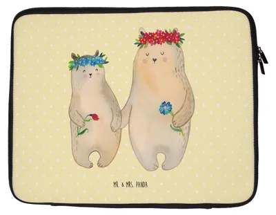 Produktbild von Mr. & Mrs. Panda Laptophülle Bären mit Blumenkranz 20 x 28 cm - Gelb Pastell - Geschenk, Family, Laptop Sleeve, Hülle, Laptoptasche, Beste Freundin, Mutter, Töchter