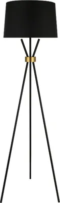 A black floor lamp with a gold accent ring on a white background.