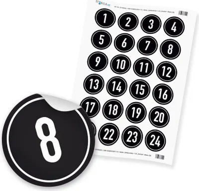 Produktbild von Zahlensticker Z08 1-24 schwarz weiß Hintergrund schwarz / Zahl weiß