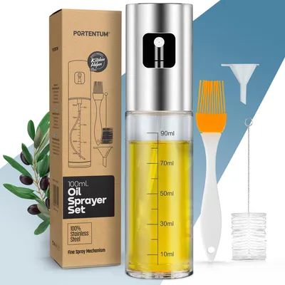 Produktbild von PORTENTUM Ölsprüher 100 ml aus Edelstahl, Ölspender Glasflasche mit Zubehör, Aus