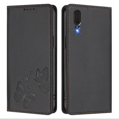 Image de Étui en cuir pour Huawei P20, motif papillon, étui à rabat avec porte-appareil, noir