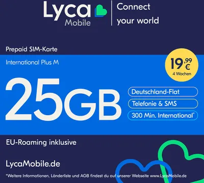 Produktbild von Lyca Mobile Prepaid Smartphone SIM Karte ohne Vertrag International Plus M