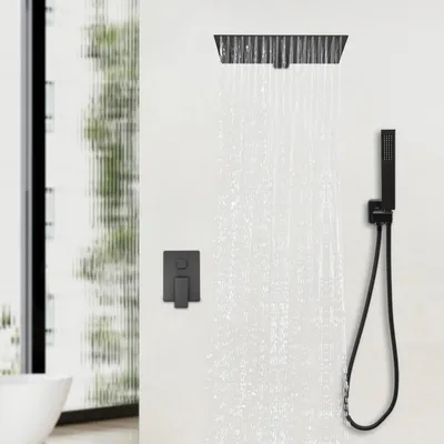 Immagine prodotto di Set doccia per il bagno - Sistema doccia a pioggia montato a parete - Ottone e acciaio inossidabile - Design moderno - Nero