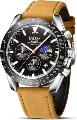 Produktbild von Elegante Herrenuhr mit Edelstahlarmband, Chronograph Quarzwerk, 30m wasserdicht, leuchtendem Zifferblatt, Kalender und Mondphasenanzeige.
