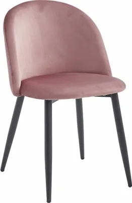 A single pink velvet chair with black legs is shown against a white background.
