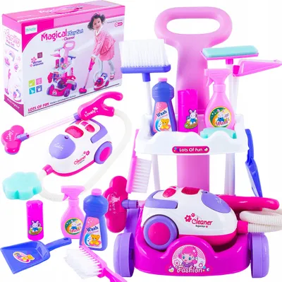 A toy cleaning set for children, including a trolley, vacuum cleaner, broom, and various cleaning accessories.